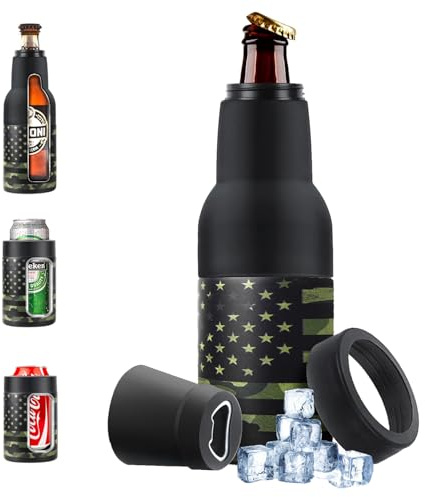 Stepstall Can Cooler Beer Bottle Holder with Beer Opener, 4-in-1 Design Slim Can Beer Bottle Insulators, Double Walled Stainless Steel Insulated, 12 OZ Beer Gifts for Men Father（Camouflage Flag）