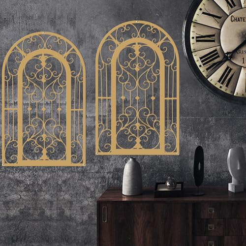 ruelen Wanddekoration aus Metall – Fensterbogen, Wandkunst, Wandpaneele aus geschnitztem Schmiedeeisen. Rustikaler Bauernhaus-Stil mit Medaillon-Schnörkel-Design für Wohnzimmer, Badezimmer Goldene