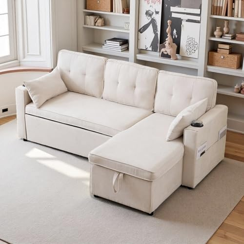 Seyakany - Sofá esquinero convertible con portabebidas y espacio de almacenamiento, sofá de 3 plazas, sofá cama con función de sueño, sofá en L, intercambiable a izquierda y derecha, algodón, color
