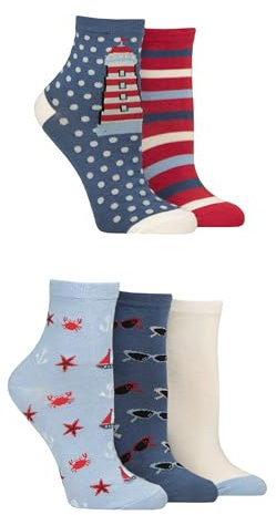 SockShop Women's Bamboo Ankle Socks - Ankle High, Anklet, Soft, Cooling, Breathable, Plain and Patterned, 5 Pair Multipack Size 4-8 Nautical