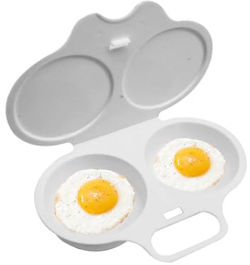 Microwave Egg Poacher, Double-Cup Poached Egg Maker, Food-Grade Polypropylene, Includes Lid & Handle, White – Quick & Easy Breakfast Steamer