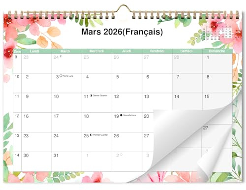 AEYAKA Calendrier Mural 2026, Calendrier Mensuel à Suspendre avec Vacances, Phases Lunaires, 29 x 41 cm, Français (Fleurs 2)