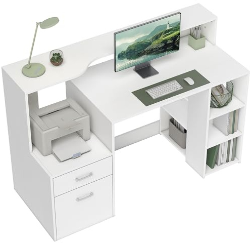 HOMCOM Bureau Informatique 2 Tiroirs, Rangement 137x55x92cm Blanc