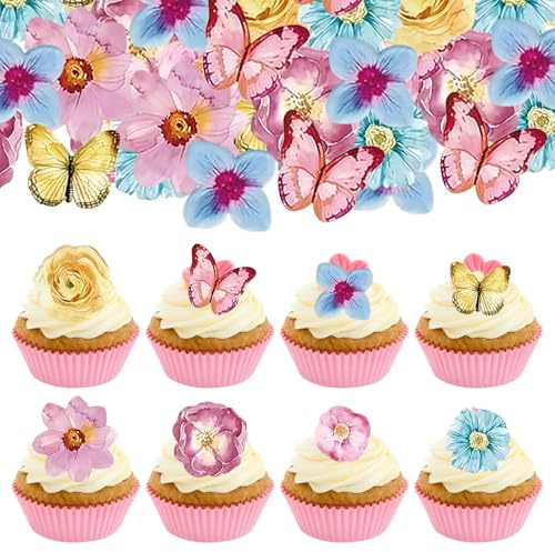 102Pcs Edible Blossoms Cake Decorations,Edible Flowers & Butterfly Cupcake Toppers Wafer Paper Flowers Cake Toppers for Wedding Anniversary Birthday Party Cake Food Decorations Supplies