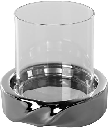 Fink kleines Windlicht 10x11 cm mit Glaszylinder & silbernem Keramiksockel - dekorativer Teelichthalter für Tisch, Sideboard & Fensterbank - als kleine Blumenvase nutzbar