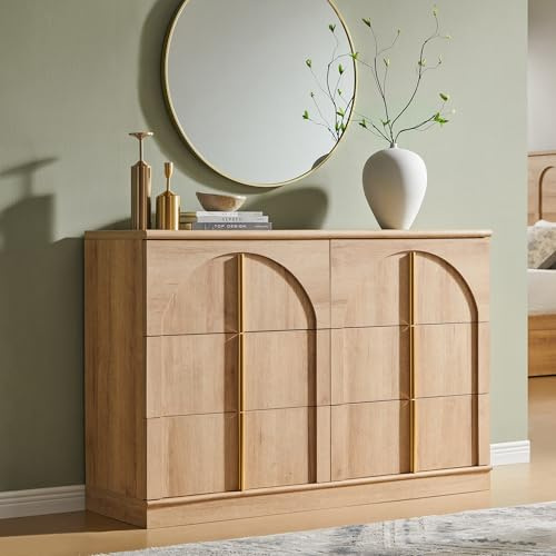 ACCOHOHO Arched Dresser for Bedroom with 6 Drawers, 47.3 Wide Modern Chest of Drawers with Rounded Edge & Metal Handles, Wood Storage Closet Dressers TV Stand for Living Room, Hallway, Oak