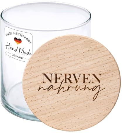 MaldetMOMENTS Nervennahrung Glas mit Gravur | Vorratsglas mit luftdichtem Holz-Deckel | Geschenk für Kollegen, Chef, Sie & Ihn | Weihnachten, Geburtstag, Abschied, Büro & Zuhause (Klein - 530 ml)