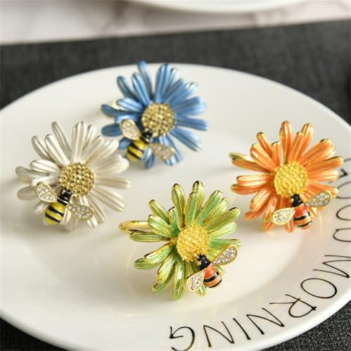 FUANA Serviettenringe für Hochzeit, Party, Gänseblümchen, Sonnenblumen-Design, Halter-Set für Hotel, Esszimmer, Frühling Sommer, Tischdekoration, kompatibel mit orangefarbenen, grünen, blauen, weißen