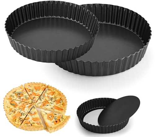 YKUKIZEE 2PCS Deep Quiche Dish with Loose Base 24 26 cm, Non-Stick Flan Tin | Round, Fluted Pie Dish with Removable Bottom, for Oven Baking Tart