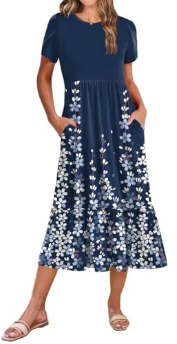 ROFUSSO Abito Estivo da Donna in Stile Boho con Stampa Floreale e Maniche Corte Abito Casual da Spiaggia Midi con Scollo Rotondo e Tasche(Blu Scuro,M)