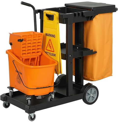 HOMCOM Carrello Pulizie Professionale a 3 Ripiani con Sacco per Immondizia 70L, Ganci per Scopa, Secchio Lavapavimenti con Strizzatore per Mocio e 4 Ruote, per Hotel e Albergo, 122x46.5x101 cm