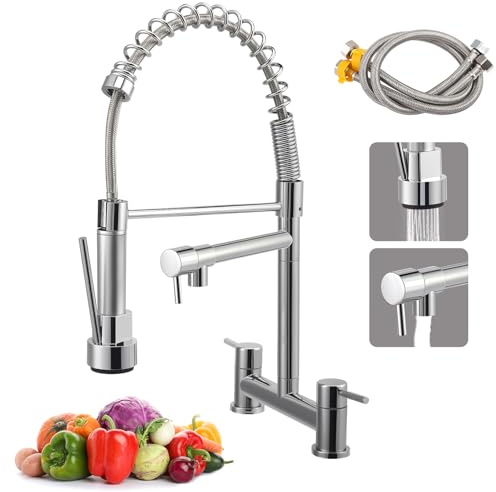 2 Hole Kitchen Mixer Tap, Dual Lever Hot & Cold Water Tap, Left-Right Swivel Straight Spout + Pull-Out Spray Head, Corrosion Resistant Alloy Body & Ceramic Valve, Deck Mounted for UK 180mm Centre HOL