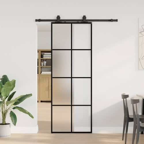 Schiebetür Schwarz 76x205 cm ESG-Glas mit Schienensystem, Raumteiler Tür für Innenbereich