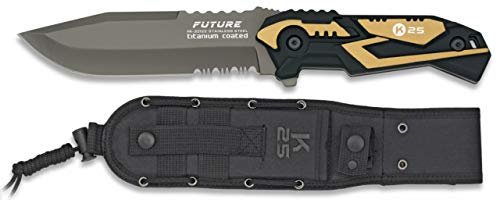 Cuchillo K25 Future Hoja 12,5 cm para Caza, Pesca, Camping, Outdoor, Supervivencia y Bushcraft K25 32122 + Portabotellas de regalo