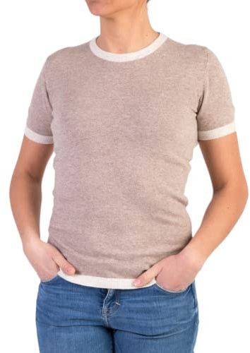 Marenza Girocollo Donna Manica Corta Bicolore Misto Cashmere Seta Made in Italy Maglione Paricollo Pullover Maglia Mezza Manica Lana Merino Cachemire Maglioncino Beige Blu Grigio Regalo (L, Beige)