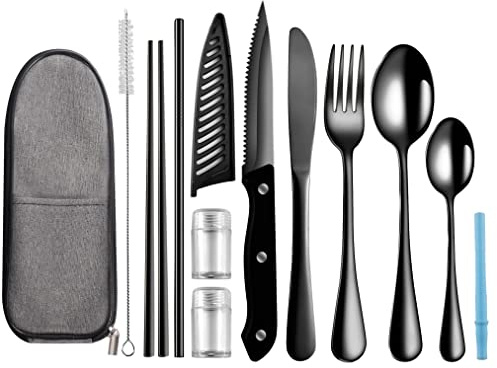 Logcow Travel Utensils with Case,Reusable Utensils,Portable Travel Camping Cutlery Set,Stainless Steel Flatware Set,Lunch Boxes Workplace Camping School Picnic (Black)