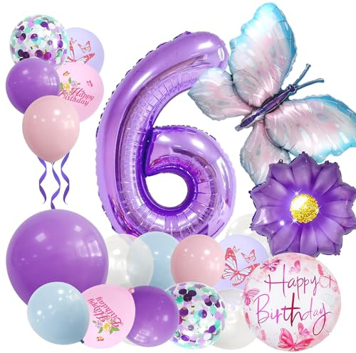 Afritee Globo de mariposa para 6º cumpleaños para niña, color lila, decoración de cumpleaños para 6 años, decoración de cumpleaños para 6 años, diseño de girasol, globos felices