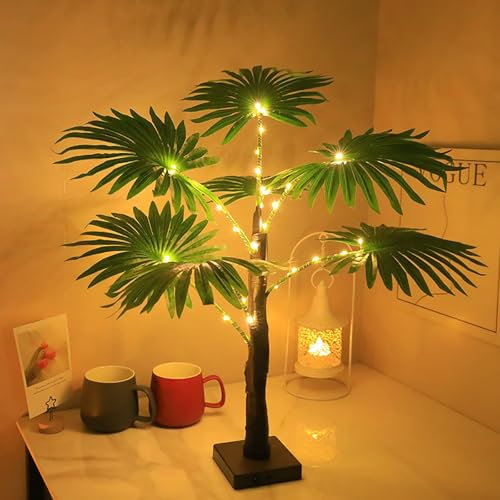JYBBST Arbre Lumineux LED,Arbre Lumineux D'intérieur Palmier, Arbre Lumineux À 30 LED En Forme De Feuille De Palmier,Arbre Lumineux Blanc Chaud Pour Noël, Maison, Fête, Mariage, Café