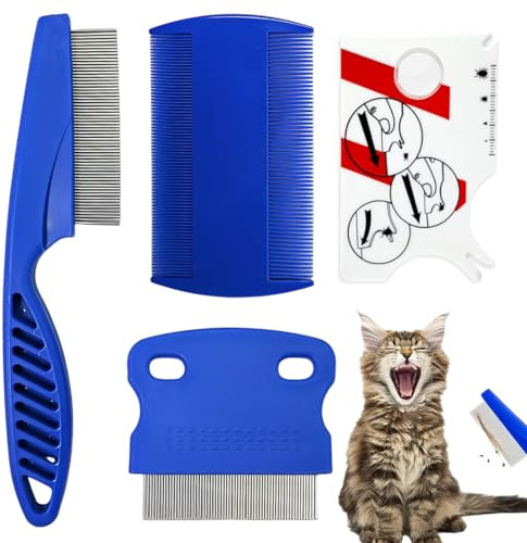 WeddHuis Pettine per Gatti Cane, 4 pezzi Cani da Gatto, con clip zecche, denti metallici, rimuove macchie di lacrime da pulci, in acciaio inox, anti pidocchi a doppia faccia, e lendini, antipulci