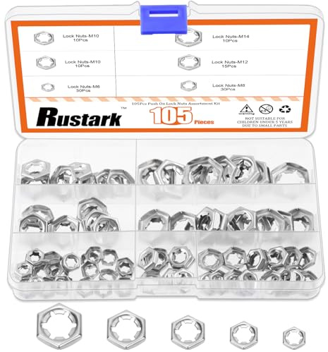 Rustark 105 Stück M6 M8 M10 M12 M14 304 Edelstahl Sicherungsscheiben Sicherungsmuttern Sechskant Innenzahn Muttern Sortiment Set für Maschinenausrüstung