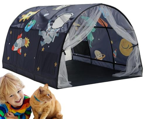 Tienda de cama para niños - Stars, Moon & Space Canopy | Sala de juegos para niños, red de sueño temática de niños y niñas, red de mezquitos de dormitorio para niños, carpa de cama de cielo estrellado