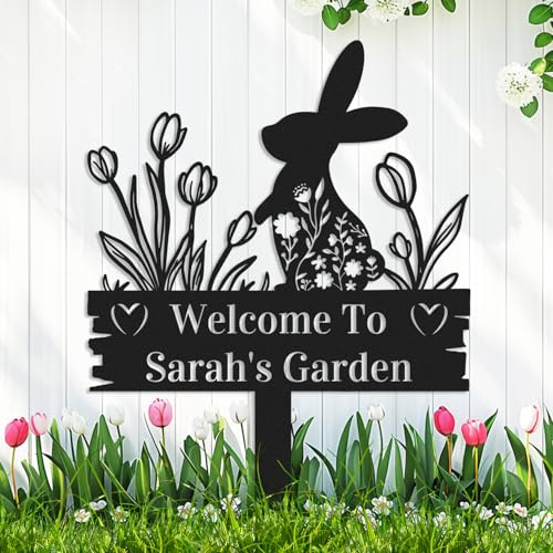 Personalised Easter Bunny Flowers Rabbit Garden Decor Sign with Stake, Customized Custom Metal Rabbit Yard Stake Name Sign Outdoor Decorative Lawn Backyard Art Garden Plaque with Hearts