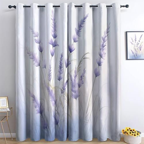 Srigzcaly Watercolor lilac flowers Blackout Curtains for Bedroom 54 inch Drop, Eyelet Curtains for Living Boys Room, Super Soft Thermal Insulated Window Drapes 2 Panels W46 x L54 Inch, White