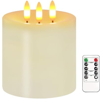 Justup Flamlösa LED-ljus, stora 3 vekar LED-ljus med fjärrkontroll och timer, äkta vax, batteridrivna pelare ljus för startsidan jul Thanksgiving dekor (Lvory)