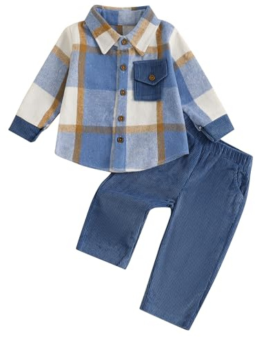 Himllauen Set di abbigliamento per bambini a maniche lunghe, camicia scozzese, pantaloni in tinta unita, autunno inverno, 2 pezzi, per ragazzi da 6 mesi a 5 anni, Blu, 4-5 Years