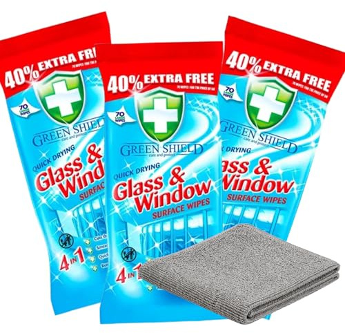 4pk Bundle Of Greenshield Glass & Window Cleaning Wipes With Microfibre Buffing Cloth Streak Free Shine for Mirrors, Windows & Screens Quick Dry Glass Cleaner