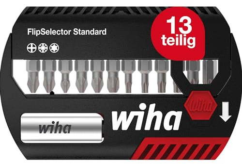 Wiha Bit Set FlipSelector 13 teilig I mit Gürtelclip I Standard 25 mm Kreuz, Pozidriv, TORX® I magnetischer Bithalter I 1/4 Zoll C6,3 (39060)