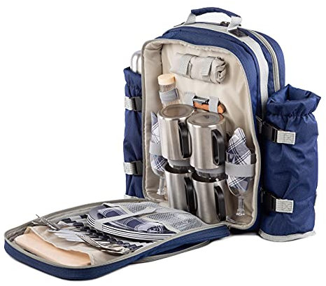 Greenfield Collection 4 Person Cooler Bag Picnic Set Rucksack; Lightweight Picnic Backpack Hamper; Includes Cutlery Set; Perfect Waterproof Coolbag Backpack for Camping/BBQ/Hiking- Blue