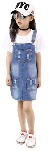 KIDSCOOL SPACE Små flickor Jean Tutu klänning Overalls, Justerbara jeansöveraller, blå, 12-13 år