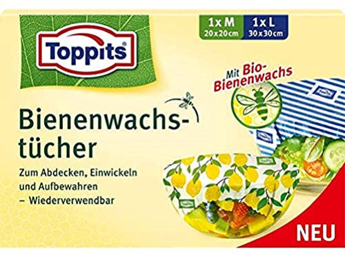 Bienenwachstücher - TOPPITS, zum frischhalten von Lebensmitteln M (20 x 20 cm) und L (30 x 30 cm), Bio