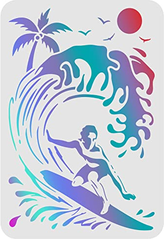 FINGERINSPIRE Surf-Schablonen 29,7x21cm Kunststoff Wellenzeichnung Malschablonen Sonne Palmen Gänsemuster Wandschablonen Wiederverwendbare Schablonen zum Malen auf Holz, Boden, Wand und Fliesen