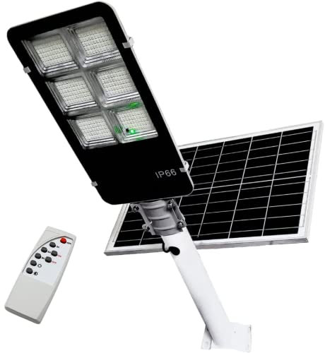 MAKA Lampione con Pannello Solare Monocristallino Led Esterno con Palo Telecomando Leds Impermeabile Ip66 Faro Luce Fredda 6500K 12 Ore Autonomia Sensore Crepuscolare Stradale Giardino (400W)