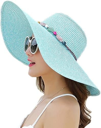 BABAHU Faltbarer Strohhut für Damen, mit breiter Krempe, Sonnenhut, Sommer, Strandhut, UV-Schutzfaktor 50+, 01-Style Skyy Blue, Einheitsgröße