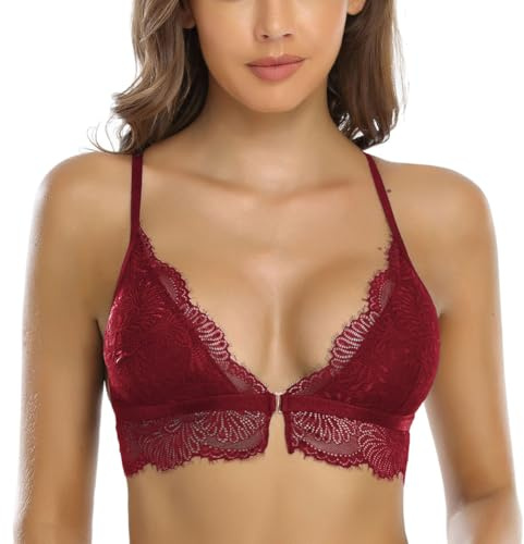 SHEKINI Womens Lace Bra Triangle Wireless Removable Padded Front Hook Closure Bra Adjustable V Neck Breathable Lingerie for Women Everyday Bras, Wine Red, M