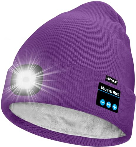 ATNKE Unisex LED Bluetooth Mütze mit Licht,Wiederaufladbare USB 4 LED Musik Redner Laufmütze Lampe Winter Warme Gefüttertes Fleece Stricken Mütze für Herren und Damen Geschenke/Inner Purple