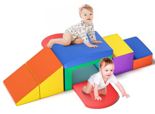 nmoiww Große Bausteine für Kinderschaum, hohe elastische Schwammbausteine, mit Rutschen, Bögen, Kleinkindern Kletterbausteine für das Klettern/Outdoor -Klettern (6- Bunt)