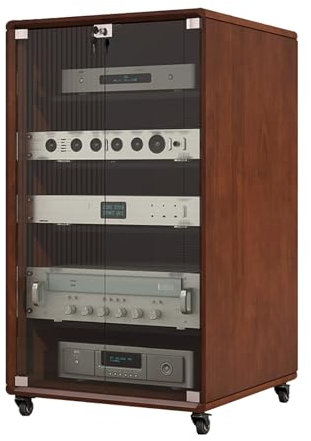 LYXWGRZD Audio Rack HiFi Regal, Phonoschrank mit verstellbaren Regalen, Plattenspieler Regal mit Glastüren, Record Player Stand, mit Rädern for einfache Mobilität(98.6cm/38.8in.)