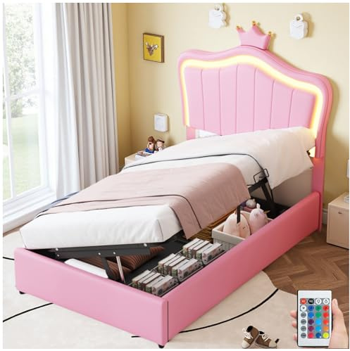 Sapgaks Letto per bambini 90 x 200 cm con illuminazione a LED, letto cassapanca con spazio di archiviazione idraulico, letto singolo con rete a doghe e testiera regolabile in altezza, similpelle rosa