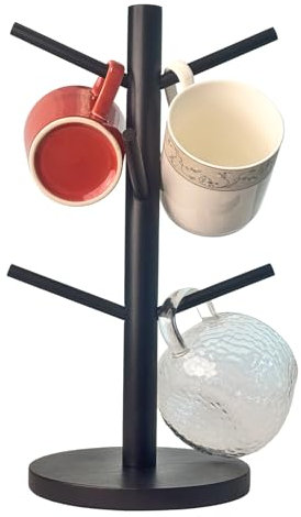 Hniuyun Mug Holder Tree, Coffee Mug Hanger, Black Wood Coffee Cup Holder with 6 Hooks, Non-Slip Mug Rack for Home Storage and Organizer