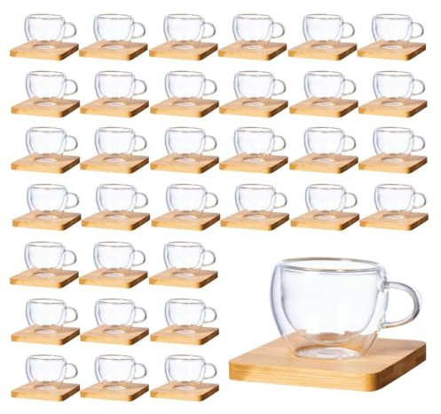 Nomart Lote 50 Tazas Cristal Doble Pared 60 ml con Posavasos de Bambú – Pack para Hostelería – Cafetería, Bar, Hotel, Restaurante – Tazas al Por Mayor