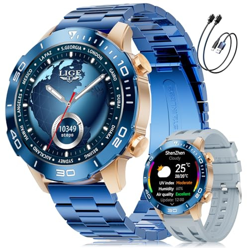 LIGE Orologio Smartwatch Uomo, 1.43 AMOLED Smart Watch con 24/7 Frequenza Cardiaca, SpO2, Durata del sonno, Impermeabile IP68, 170+ Sports, 300+ Quadranti, Cassa Oro Rosa con Bezze Blu