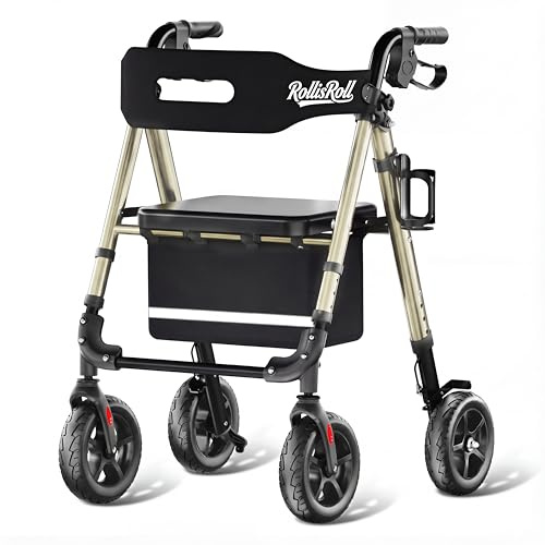 RollisRoll Walkers for Seniors Taller 5.3~7ft, Lightweight Foldable Rollator Walker, Built in Cable, Reinforced Aluminum Frame, 8 Big Rubber Wheels for All Terrain, 350lb Weight Capacity, Golden