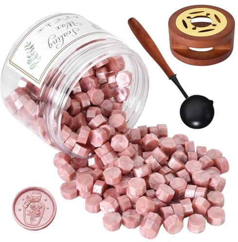 Siegelwachs Perlen Set, Siegelwachs Metallic, 200 Stück Wachsperlen Siegel mit Wachssiegel Ofen und Löffel, Wachs Achteckig Wachssiegel für Siegelst (Roségold)