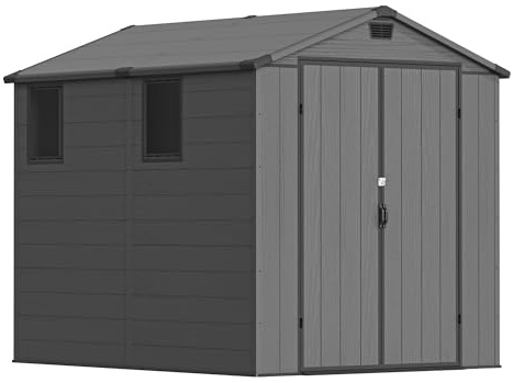 Devoko 6x8ft Outdoor Plastic Garden Storage Shed with Lockable Double Doors & Apex Roof - Patio Backyard Tool Shed, Bike Shelter, Garbage Bin Store - Weather and Fade Resistant - Dark Gray