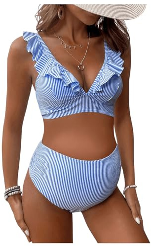 GORGLITTER Women's Maternity Bikini Set 2 Piece Striped Ruffle V Neck Top Bathing Suits High Waisted Bottoms Pregnancy Swimsuit