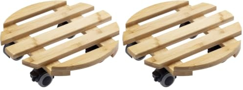 Metafranc Pflanzenroller Ø 300 mm - 60 kg Tragkraft - Bambus-Platte - Natürlicher Holz-Look - TPE-Rollen mit 4 Feststellern/Indoorroller/Blumenroller/Transporthilfe für Pflanzen / 825330